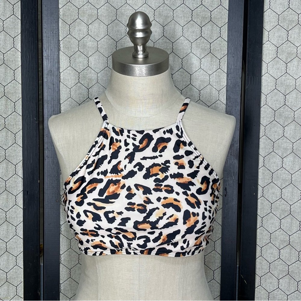 SHEIN Animal Print High Neck Bikini Top
